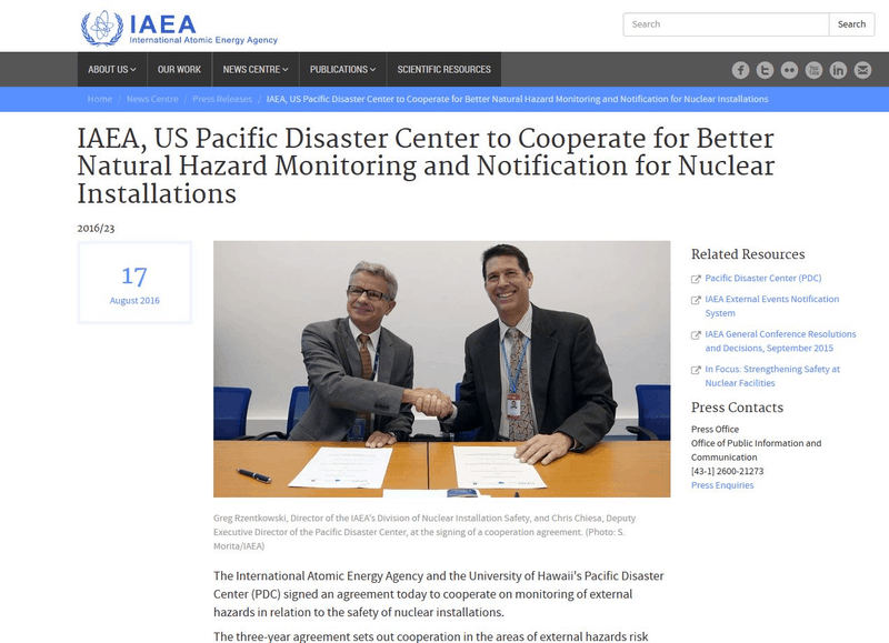 IAEA, US Pacific Disaster Center to cooperate for better natural hazard monitoring and notification for nuclear installations