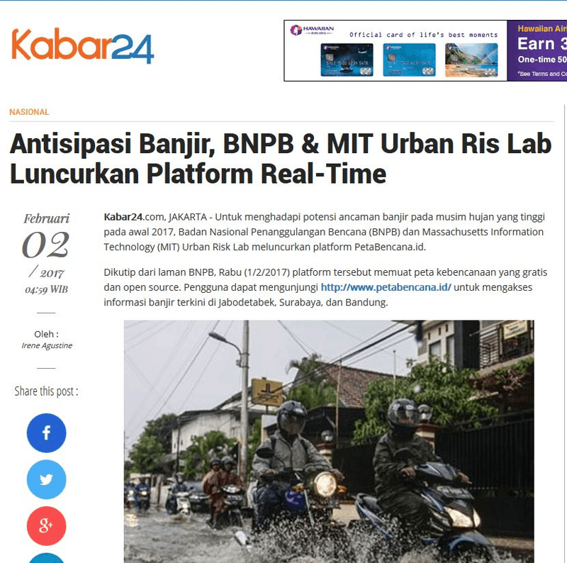 Antisipasi banjir, BNPB & MIT urban ris lab luncurkan platform real-time