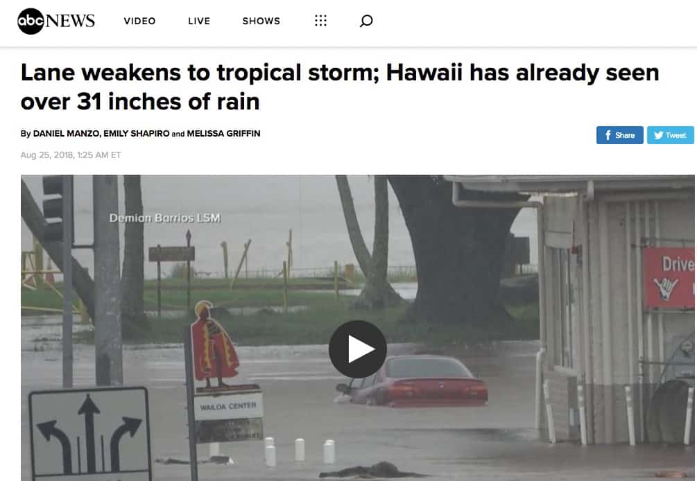 Lane weakens to tropical storm; Hawaii has already seen over 31 inches of rain
