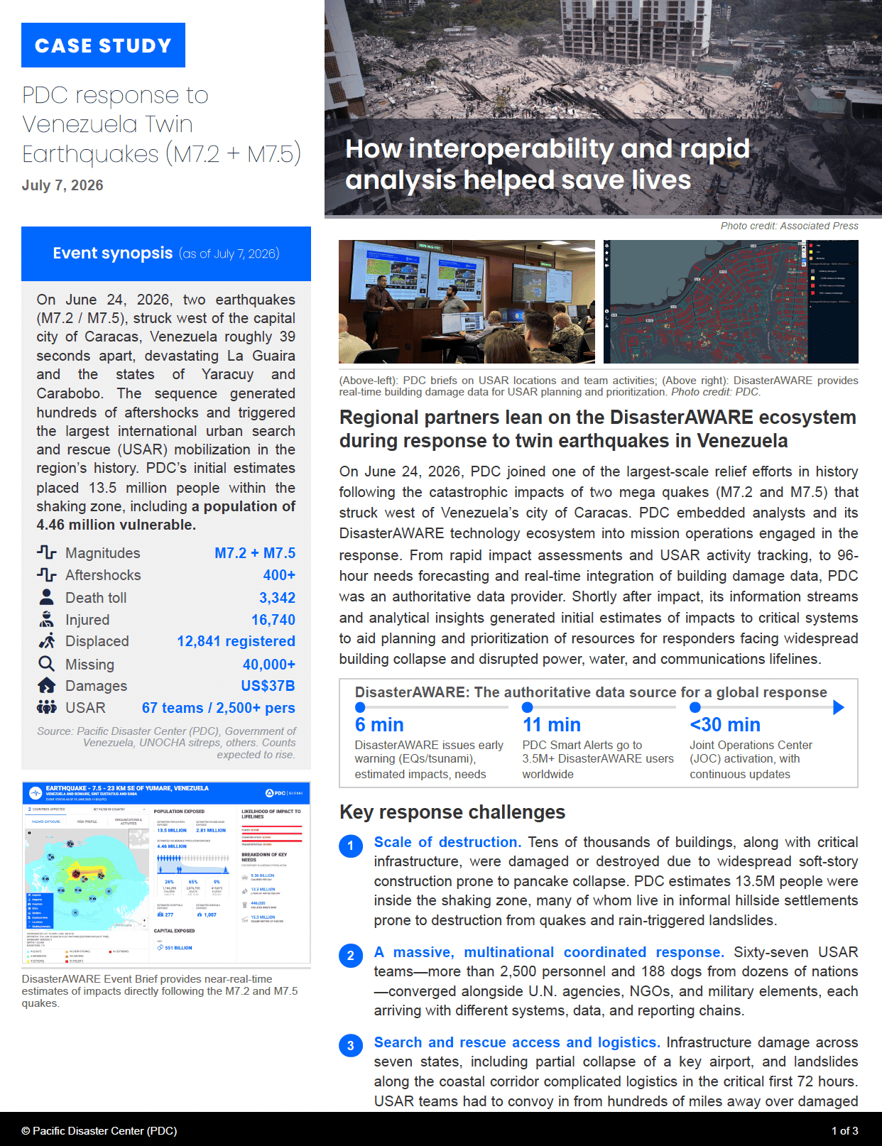 PDC response to Venezuela Twin Earthquakes (M7.2 + M7.5): How interoperability and rapid analysis helped save lives
