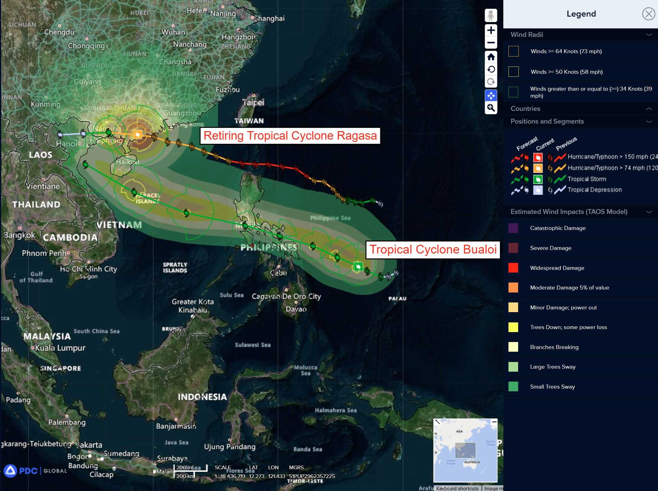 The map shows the trajectory of Tropical Cyclone Bualoi approaching Hong Kong, with wind radii and damage estimates, as it interacts with the retiri...